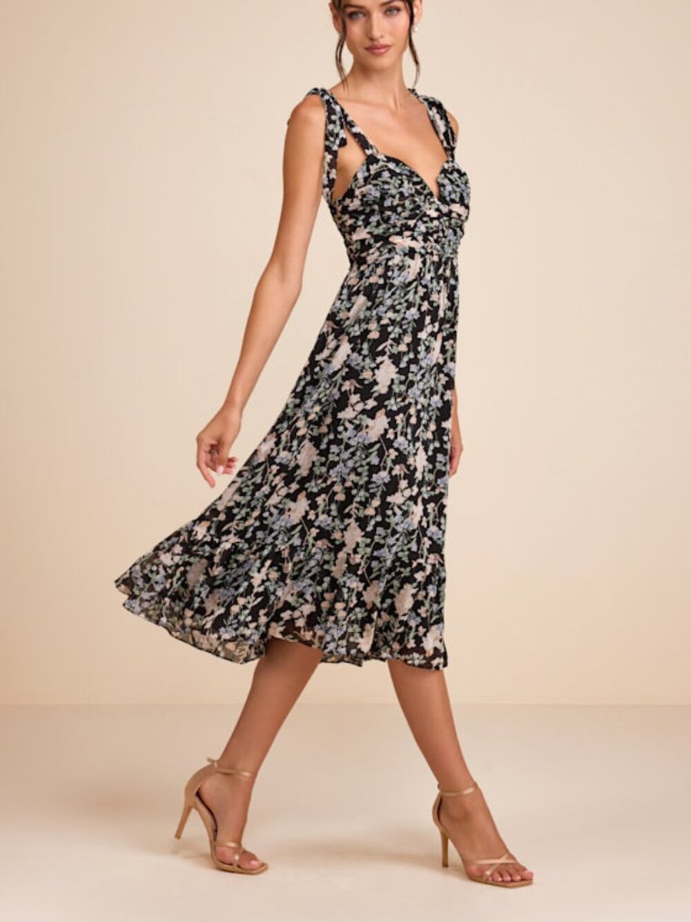 Lulus Lush Loveliness Black Floral Lurex Tie-strap Midi Dress - Size XL